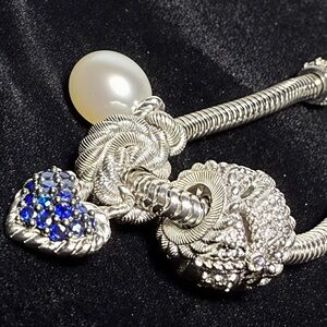 Judith  Ripka  Silver Charm Bracelet with Pearl and Sapphire Heart Accents